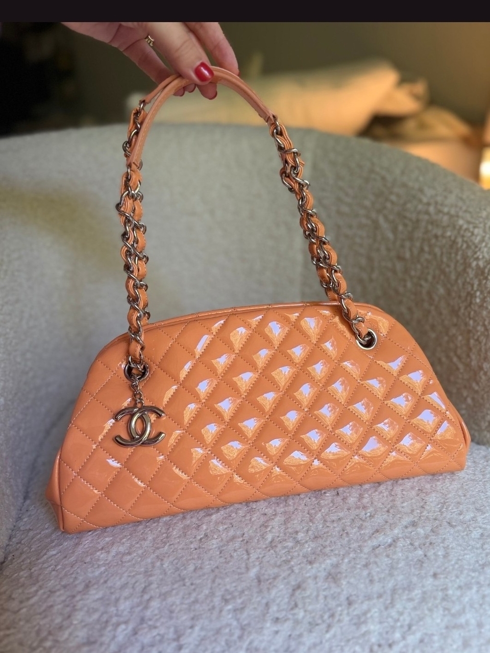 CHANEL Quilted Patent Leather Shoulder Bag in Peach-Orange